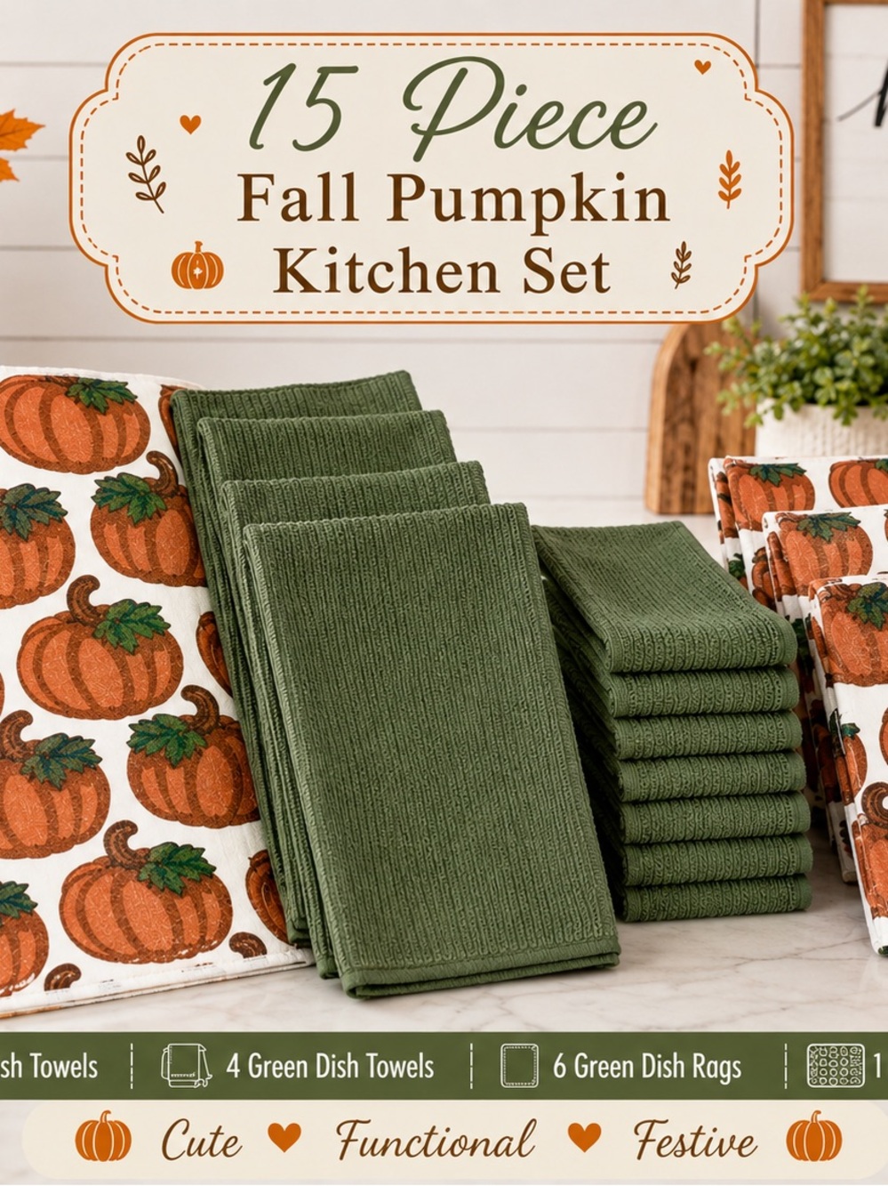 NEW 15 Pc Pumpkin Kitchen Towel Set – Fall Autumn Kitchen Décor